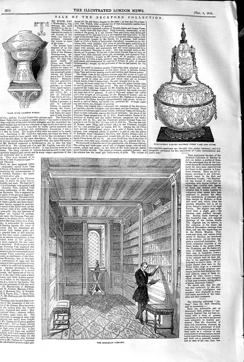 Original Old Antique Print 1845 Beckford Collection Etruscan Library Vase Tazza