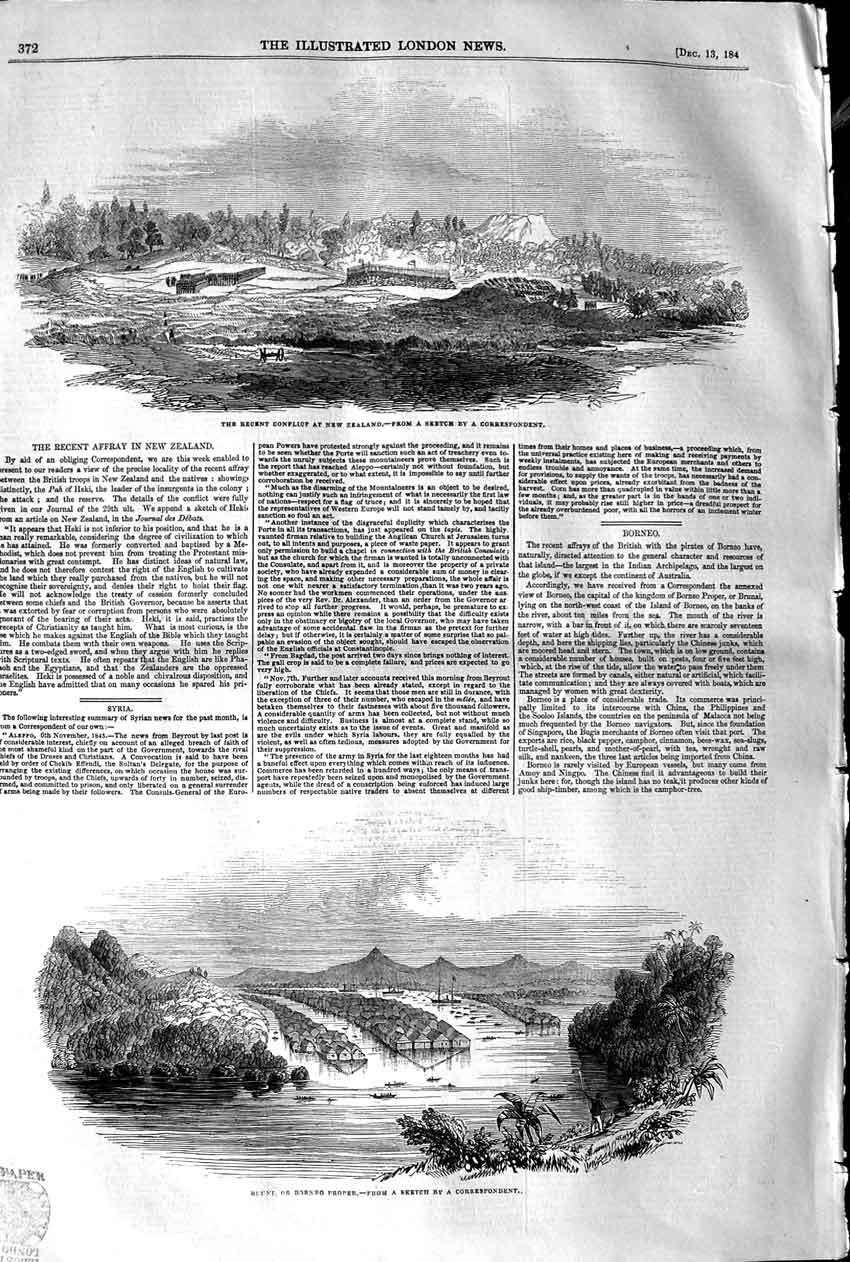 Original Old Antique Print 1845 Conflict New Zealand Bruni Borneo Prope 19th