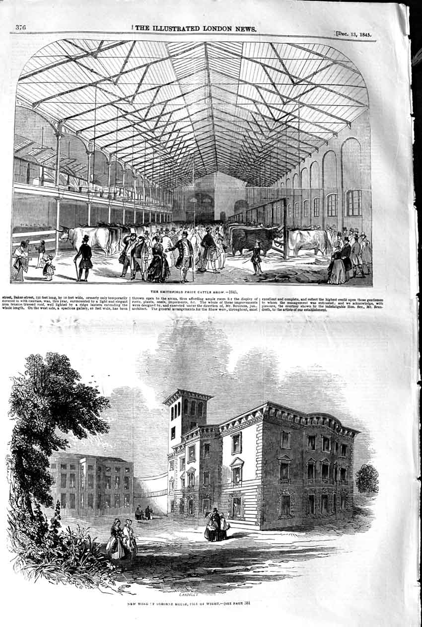 Original Old Antique Print 1845 Osborne House Isle Wight Smithfield Cattle Show