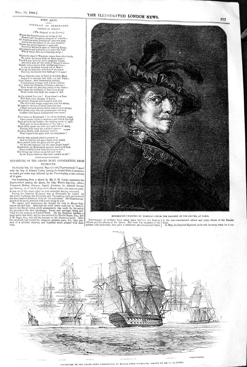 Old Antique Print 1845 Duke Constantine Russia Ship Queen Rembrandt Paris 19th