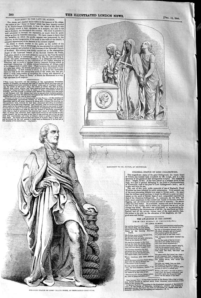 Original Old Antique Print 1845 Monument Alison Statue Lord Collingwood Ne 19th