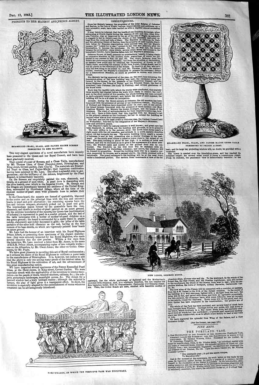 Old Antique Print 1845 Papier Mache Screen Lodge Osborne House Portland 19th