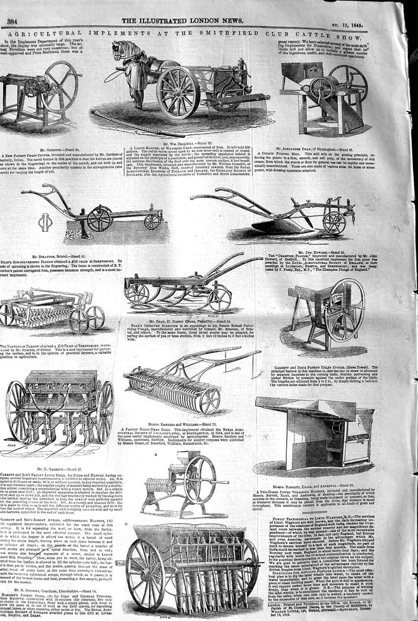 Original Old Antique Print 1845 Agricultural Implements Smithfield Cattle Show