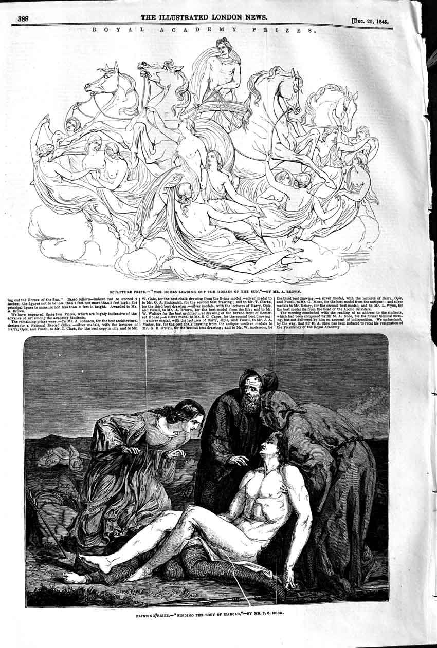 Original Old Antique Print 1845 Royal Academy Art Horses Sun Body HarReligion