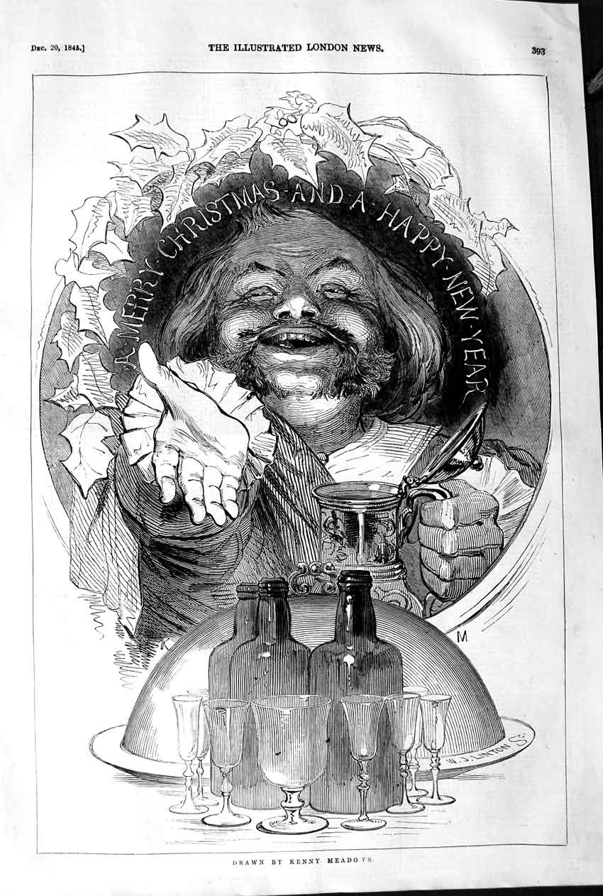 Old Antique Print 1845 Merry Christmas Message Man Bottle Tankard Meadows 19th
