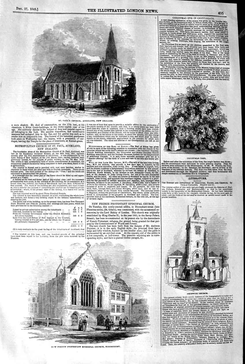 Old Antique Print 1845 Paul'S Church Auckland Zealand Bloomsbury Chiswick 19th
