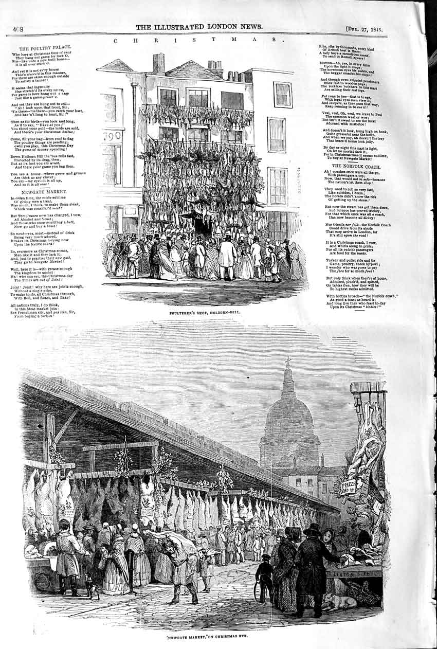 Original Old Antique Print 1845 Christmas Newgate Market Poulterer'S Lea 19th