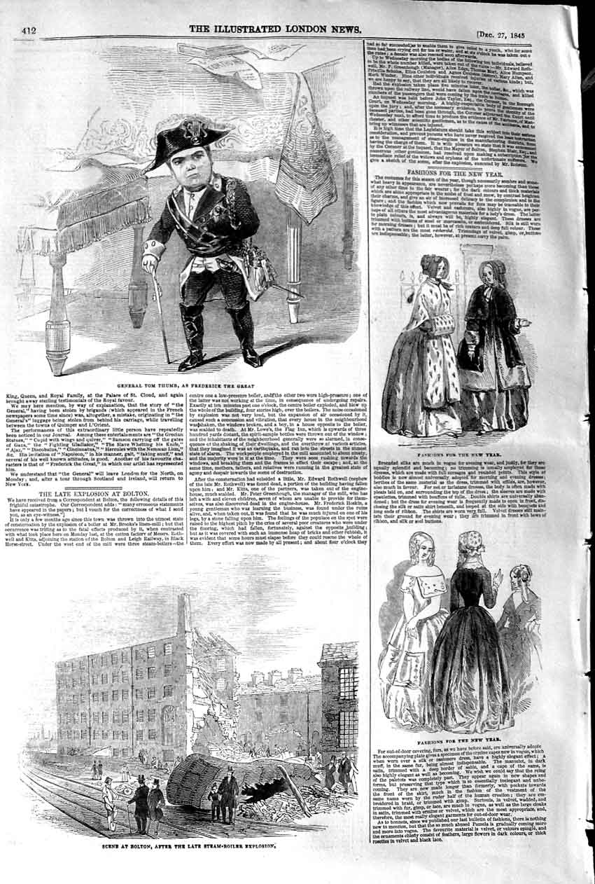 Original Old Antique Print 1845 Tom Thumb Bolton Steam-Boiler Explosion Fashion