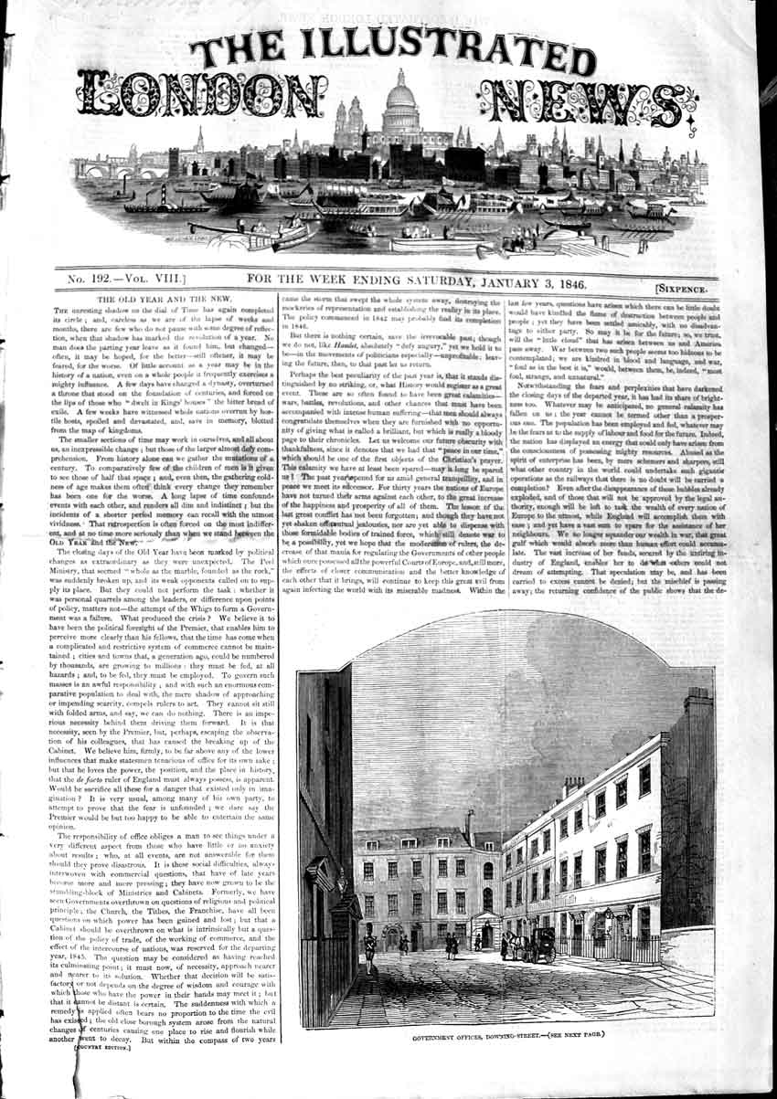 Original Old Antique Print 1846 Government Offices Downing Street London 19th