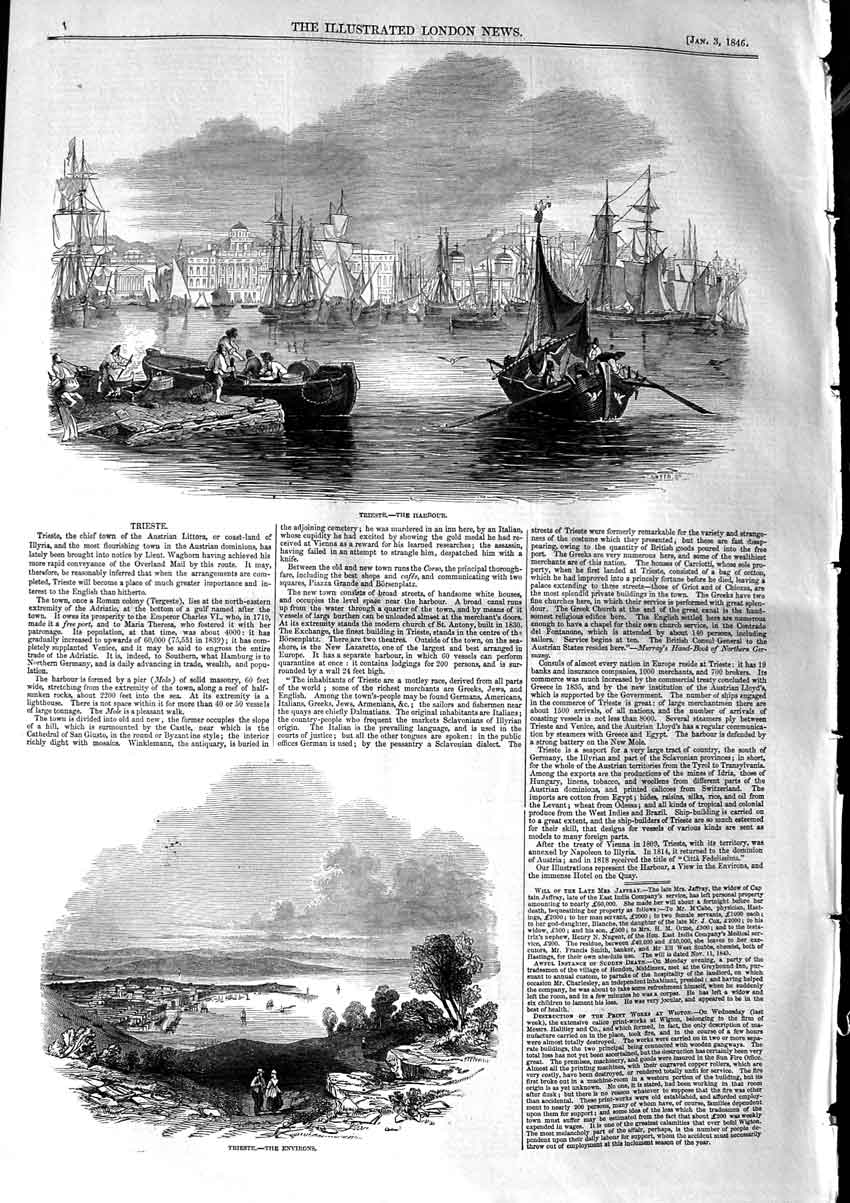 Original Old Antique Print 1846 View Harbour Trieste Ships Austrian Littora