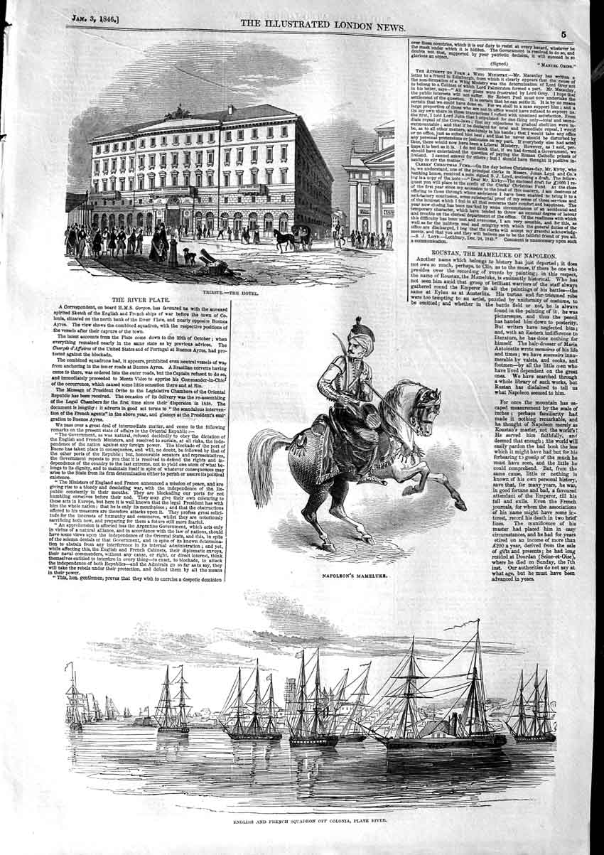 Old Antique Print 1846 Trieste Hotel Napoleon Mameluke French Ships Plate 19th