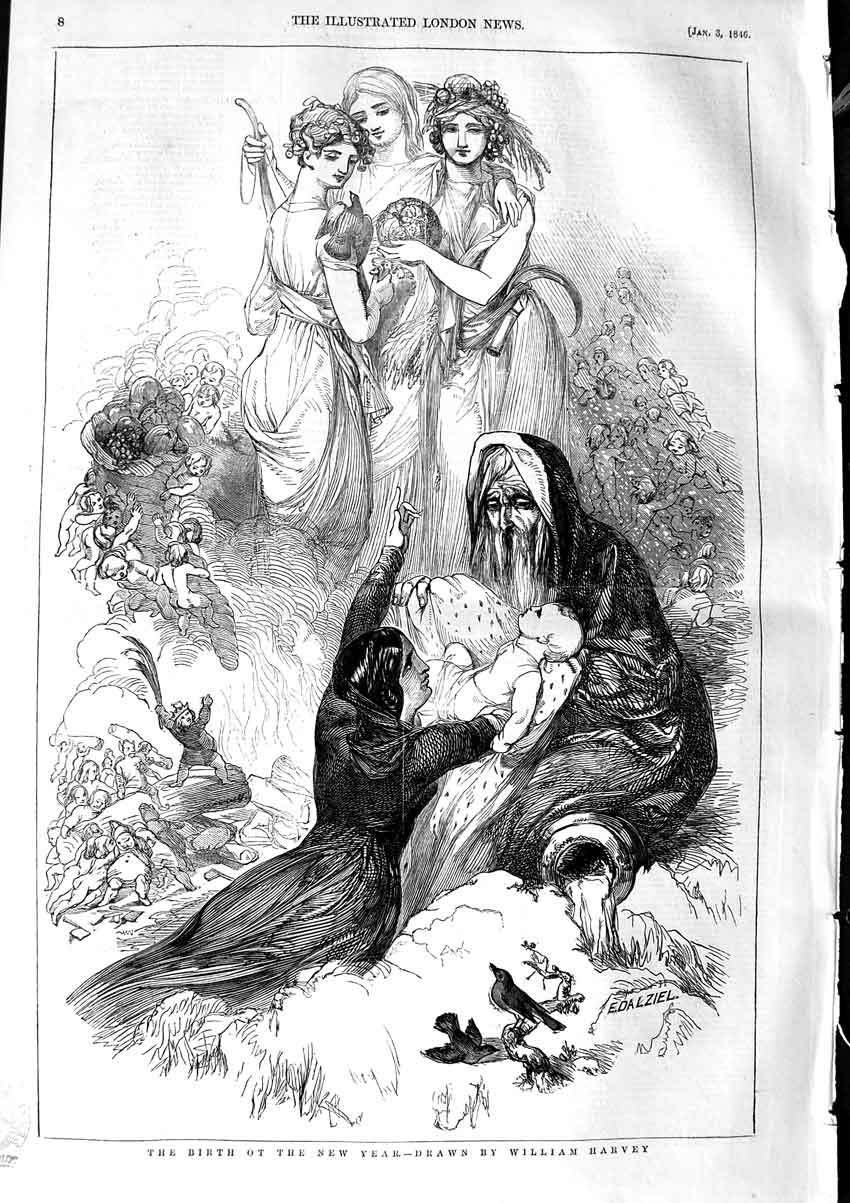 Original Old Antique Print 1846 Birth New Year Bbay Religion Angels Victorian