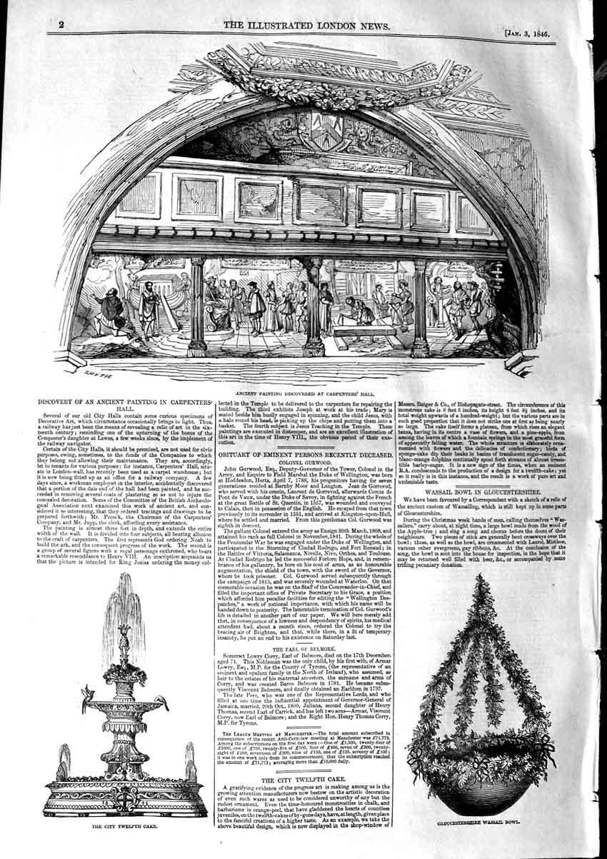 Old Antique Print 1846 Painting Carpenters Hall Gloucestershire Wassail 19th