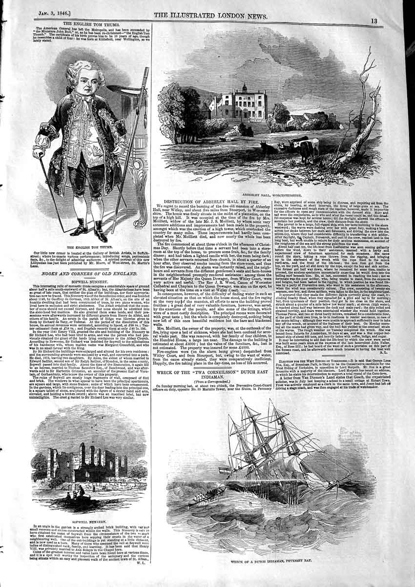 Old Antique Print 1846 Abberley Hall Worcestershire Ship Dutch Indiaman 19th