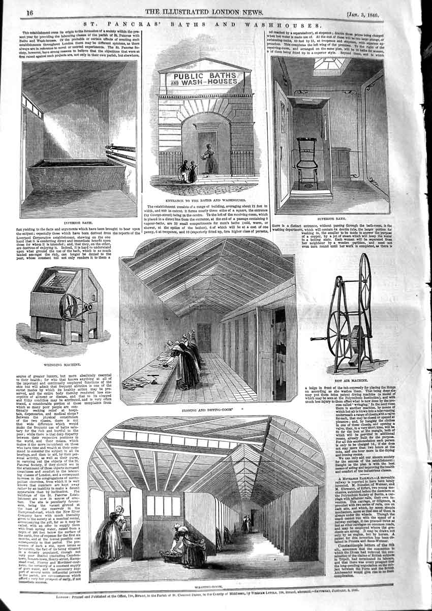 Original Old Antique Print 1846 St. Pancras Baths Wash-Houses Wringing Machine
