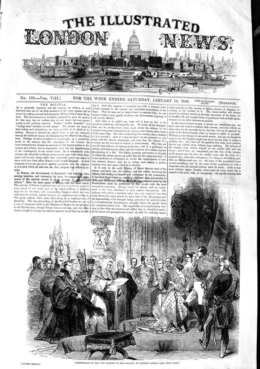 Original Old Antique Print 1846 Presentation City Address Queen Windsor Castle