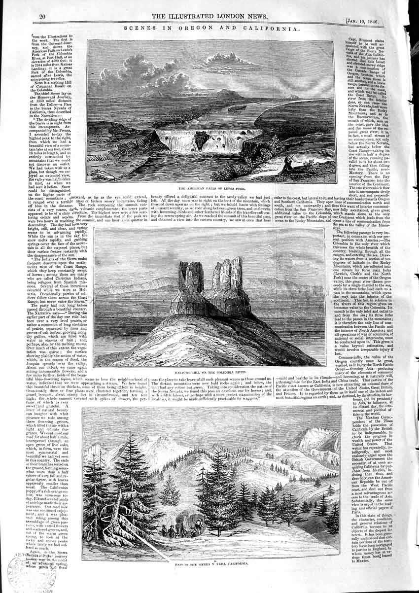 Original Old Antique Print 1846 Oregon California Basaltic Hill Sierra Nevada