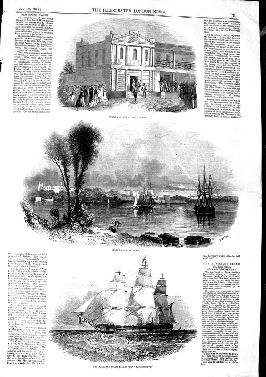 Original Old Antique Print 1846 Sydney Council Australia Ship Massachusetts