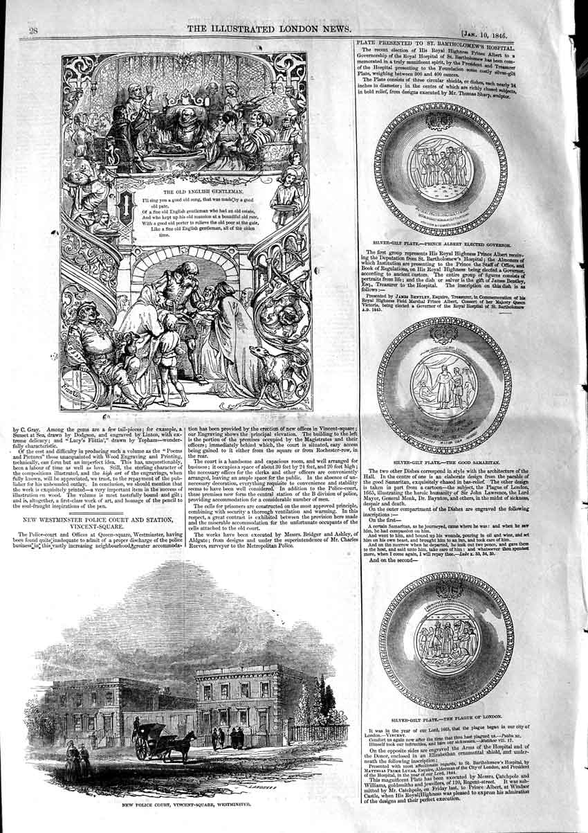 Old Antique Print 1846 Police Court Westminster Silver-Guilt Plate London 19th