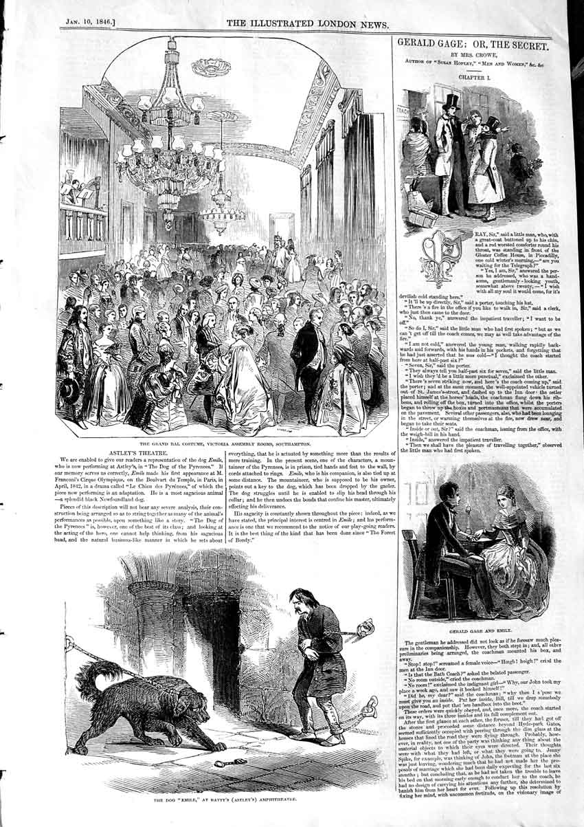 Old Antique Print 1846 Bal Costume Victoria Southampton Amphitheatre Dog 19th