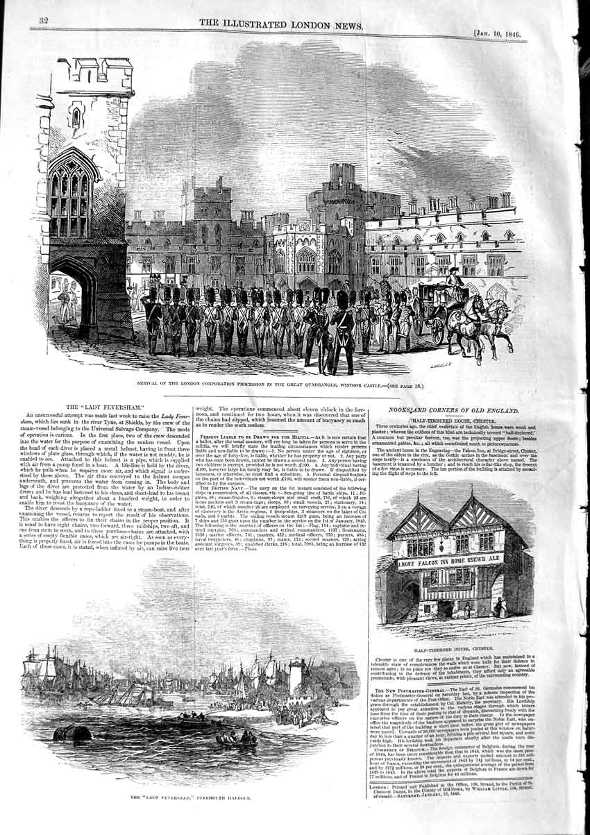 Old Antique Print 1846 Lady Ferversham Ship Tynemouth Windsor Castle Army 19th
