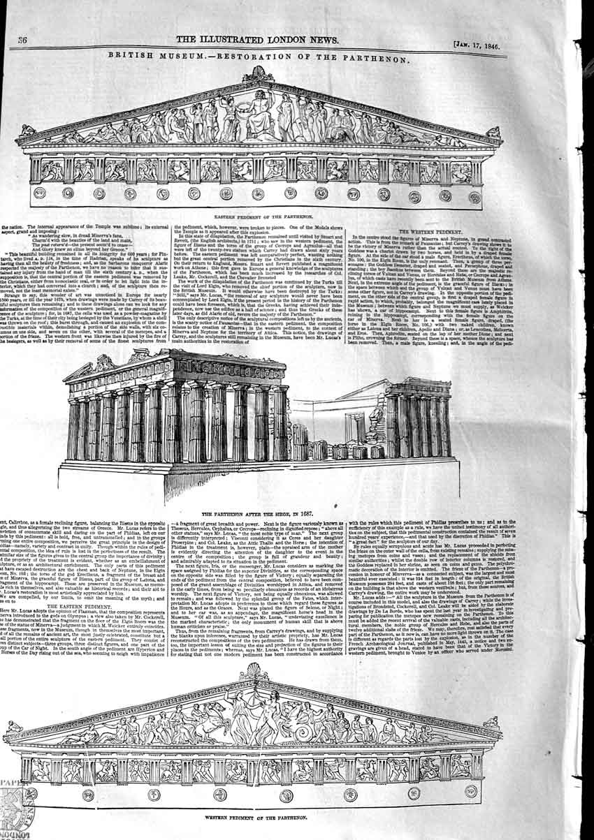 Original Old Antique Print 1846 British Museum Restoration Parthenon Archi 19th