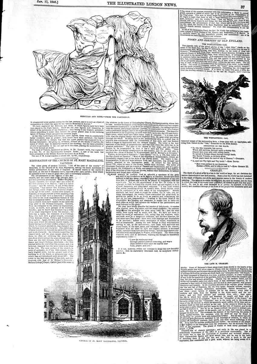Original Old Antique Print 1846 Hercules Here Church Magdalen Taunton Charlet