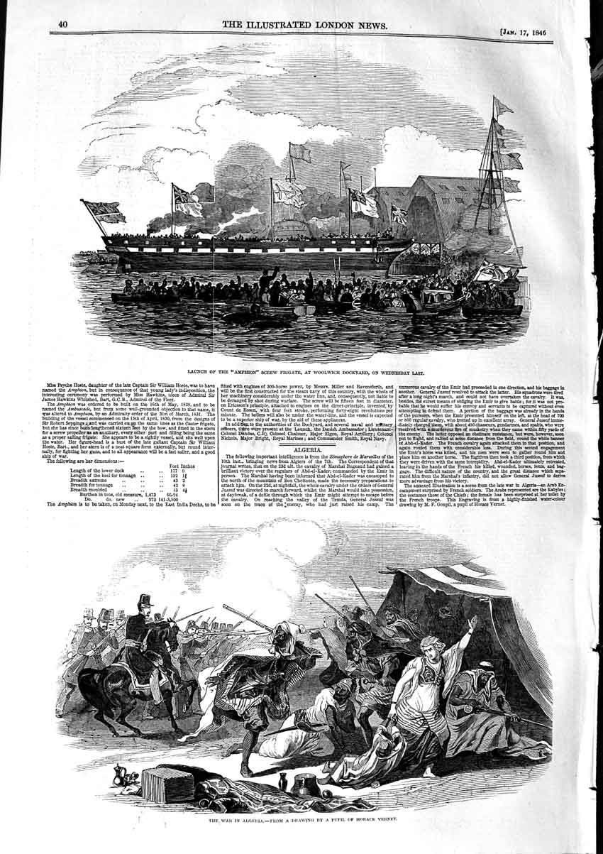 Original Old Antique Print 1846 Ship Amphion Frigate Woolwich Dock War Algeria