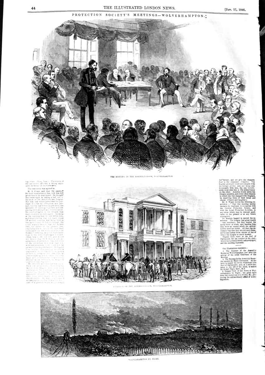 Original Old Antique Print 1846 Assembly Room Wolverhampton Protection Society