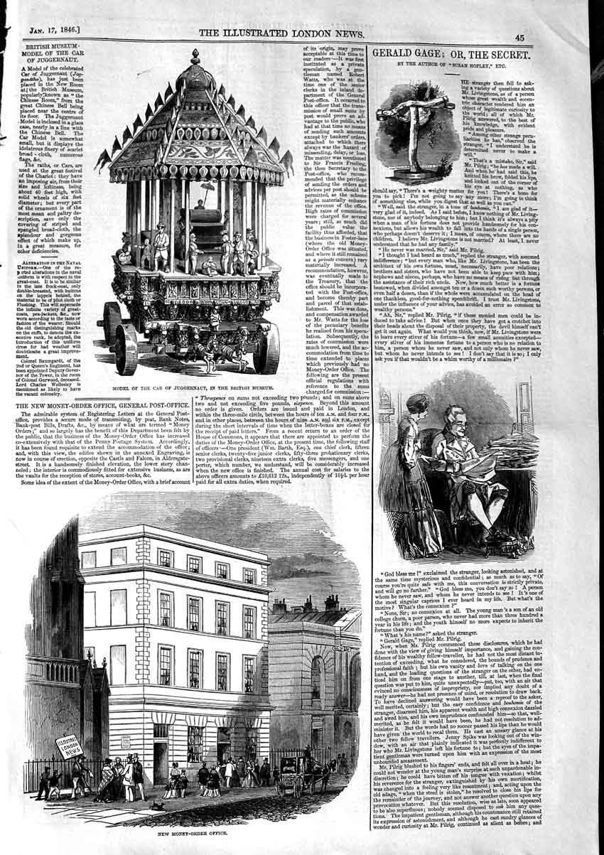 Original Old Antique Print 1846 Model Car Juggernaut Museum Money Order Office