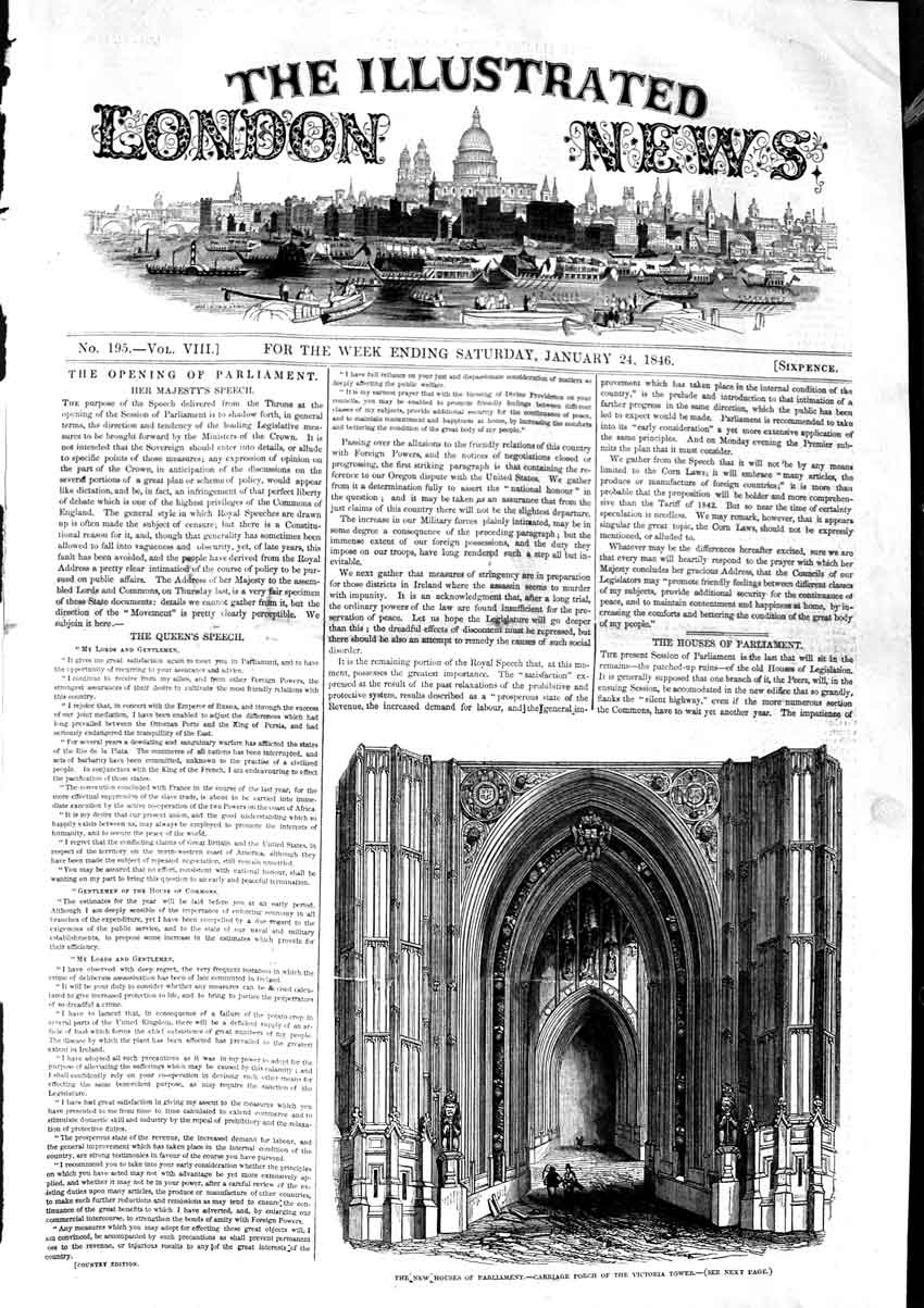 Antique Old Print *3160 1846 Houses Parliament Carriage Porch Victoria Tower