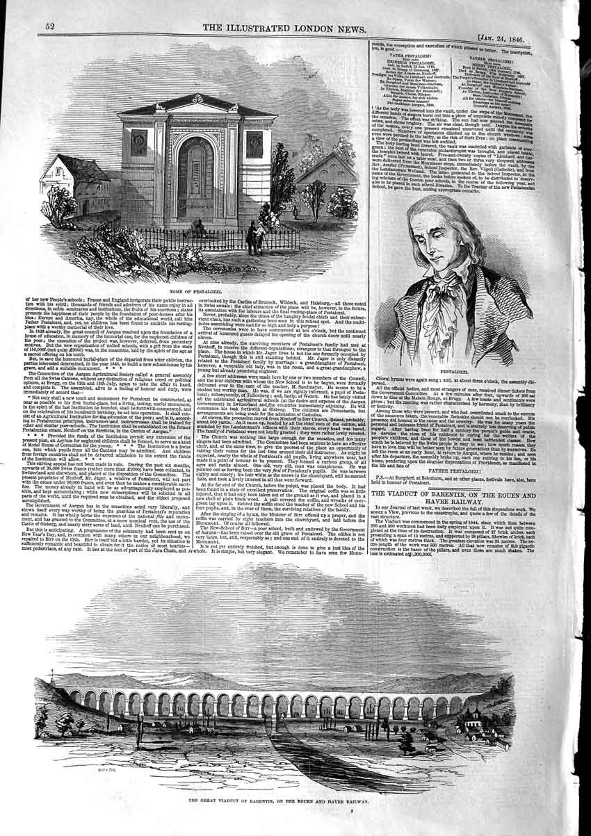 Original Old Antique Print 1846 Tomb Pestalozzi Viaduct Barentin Havre Railway