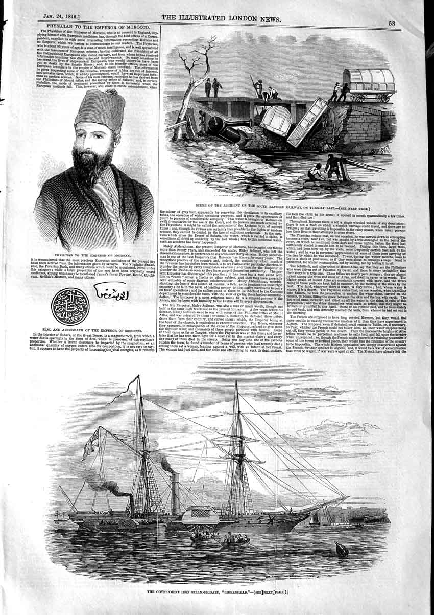Old Antique Print 1846 Physician Emperor Morocco Railway Ship Birkenhead 19th