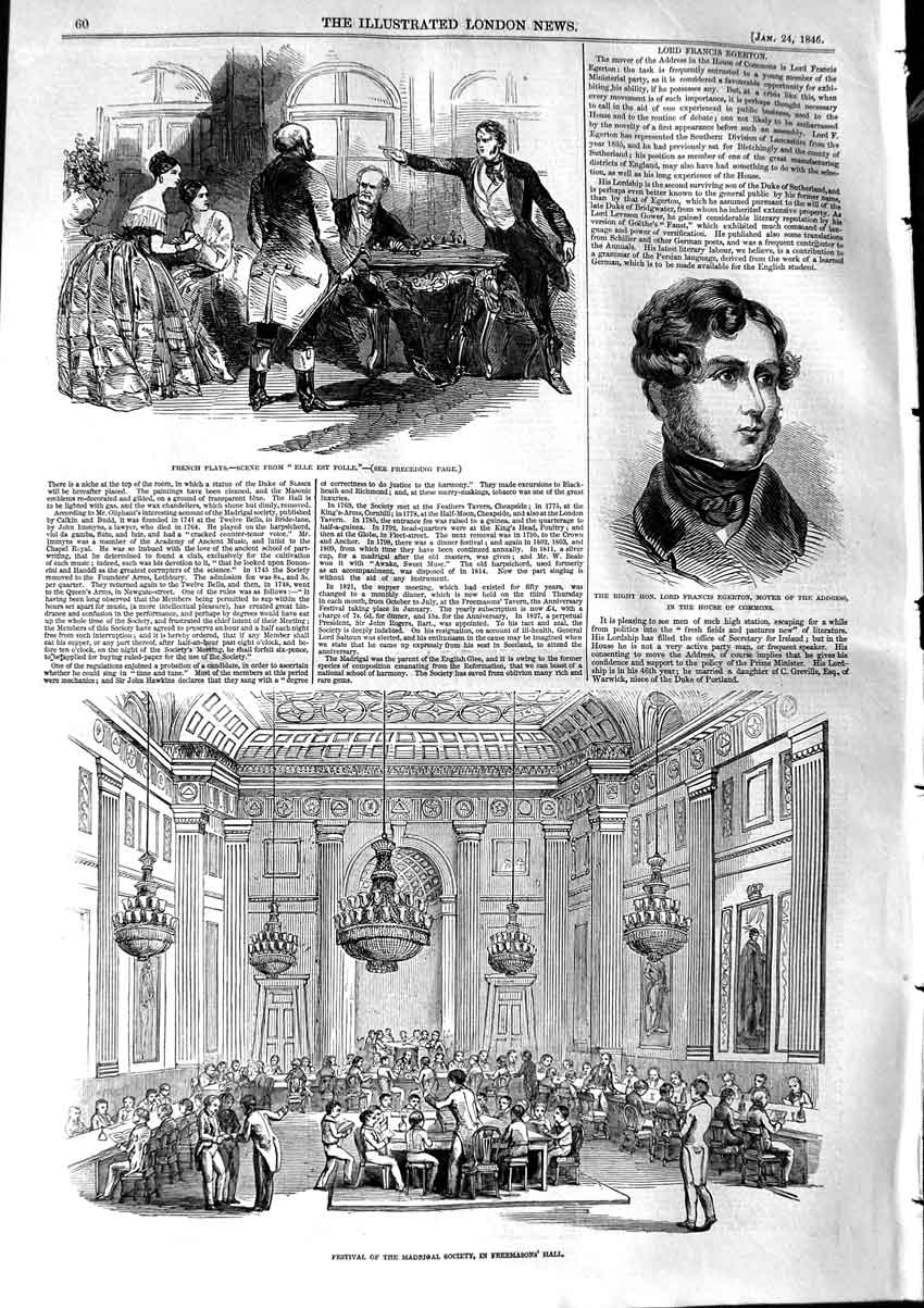 Original Old Antique Print 1846 Theatre Elle Folle Lord Egerton Freemasons Hall