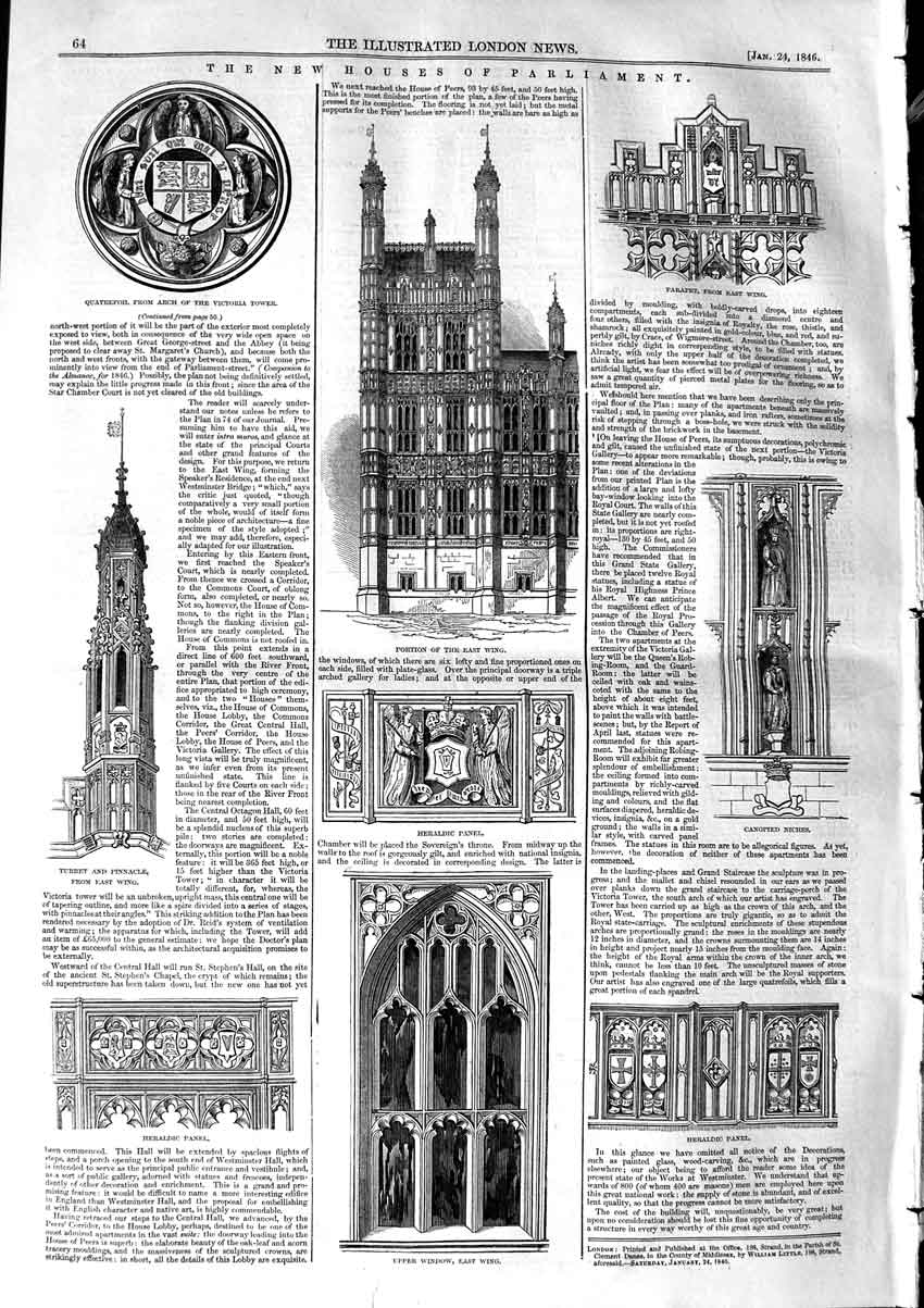 Original Old Antique Print 1846 Houses Parliament Heraldic Panel Window Turret