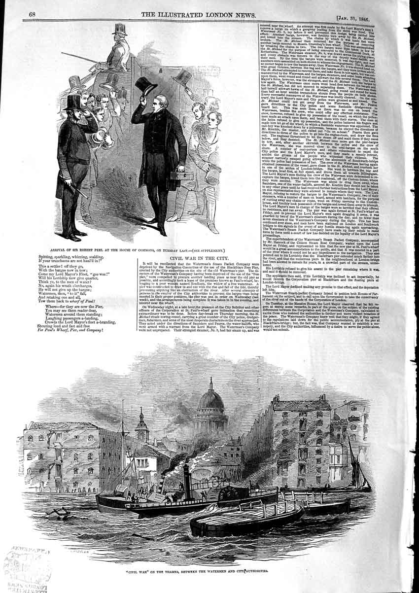 Old Antique Print 1846 Robert Peel House Commons Civil War Thames Boats 19th