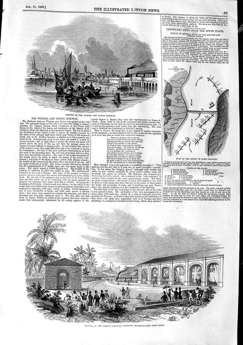 Old Antique Print 1846 Vicenza Venice Railway Jamaica Kingston Obilgado 19th
