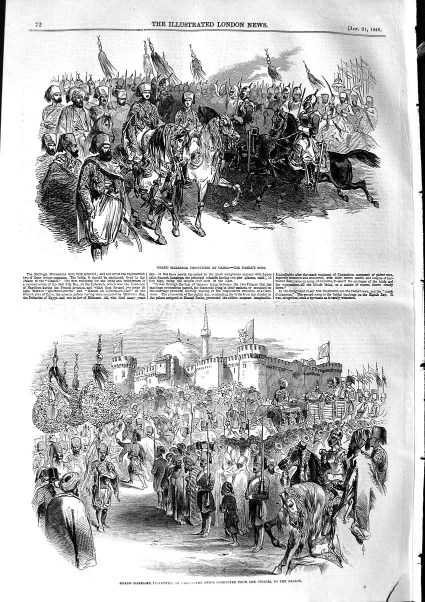 Old Antique Print 1846 Grand Marriage Festivities Cairo Pasha Son Bride 19th