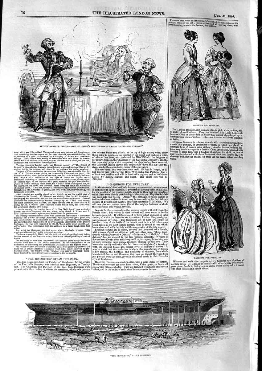 Original Old Antique Print 1846 Moozoffer Steam Indiaman Ship James Theatre