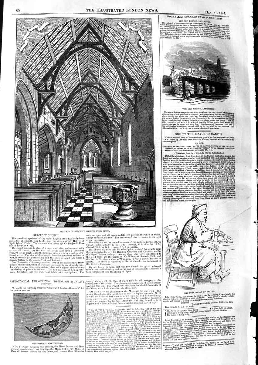 Old Antique Print 1846 Seacroft Church Leeds Bridge Lancaster Poet Canton 19th