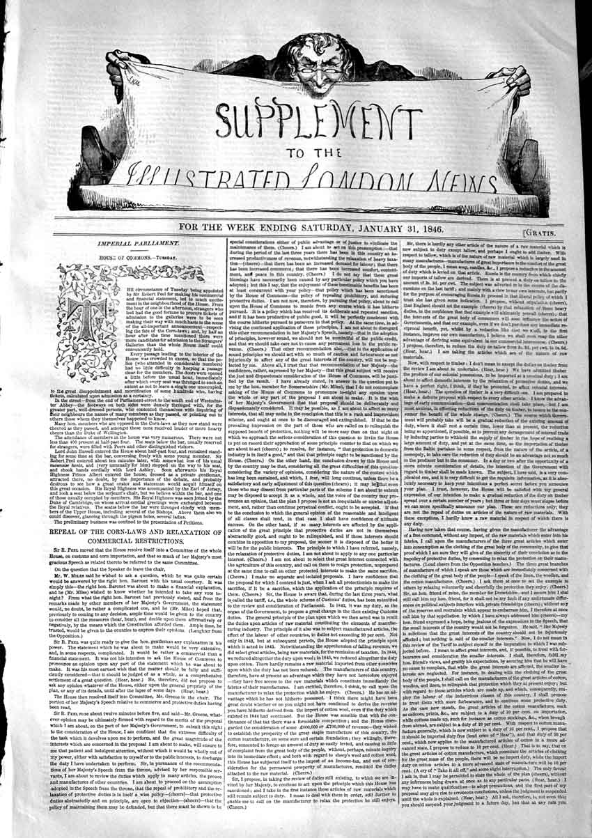 Old Antique Print 1846 Supplement Illustrated London News House Commons 19th