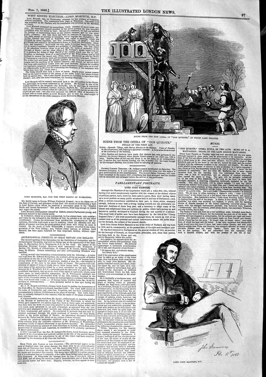 Original Old Antique Print 1846 Lord Morpeth Opera Don Quixote Drury Theatre