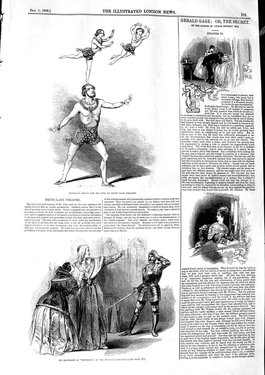 Original Old Antique Print 1846 Professor Risley Dury Theatre Richelieu P 19th