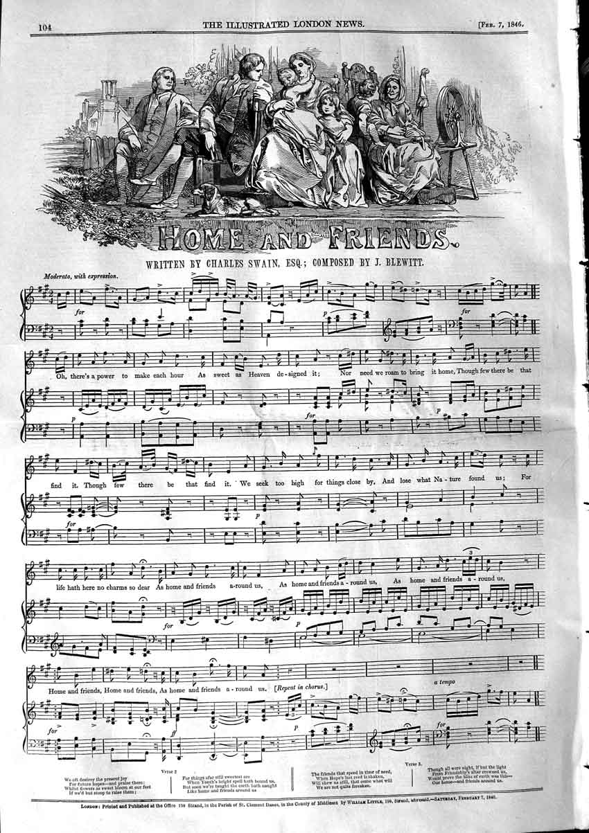 Original Old Antique Print 1846 Sheet Music Home Friends Charles Swain Blewitt