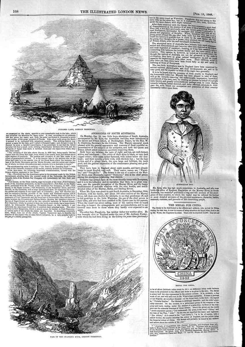 Original Old Antique Print 1846 Pyramid Lake Oregon Standing Rock Austrlia Boy