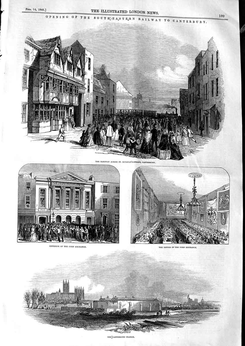 Original Old Antique Print 1846 Railway Canterbury Station Corn Exchange 19th