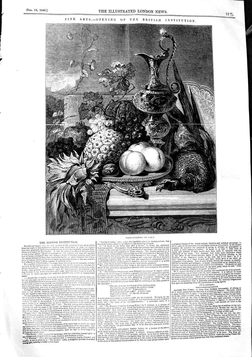 Original Old Antique Print 1846 British Institution Fine Art Fruit Pheasan 19th