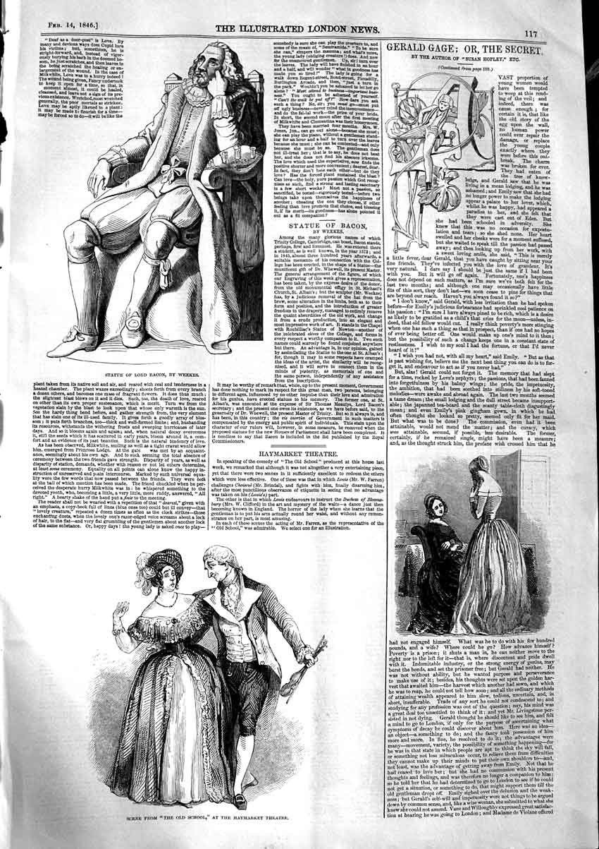 Old Antique Print 1846 Statue Lord Bacon Weekes Haymarket Theatre School 19th