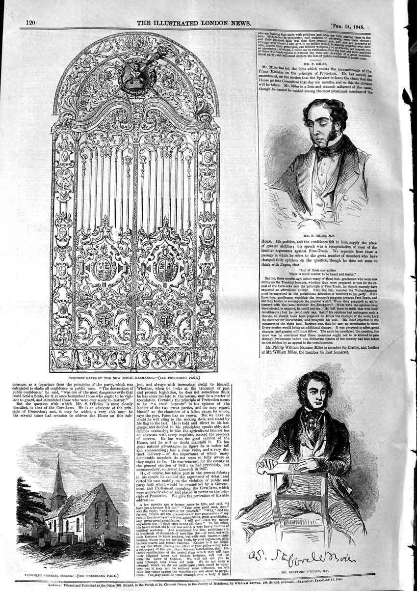 Original Old Antique Print 1846 Gate Royal Exchange Church Sussex O'Brien Miles