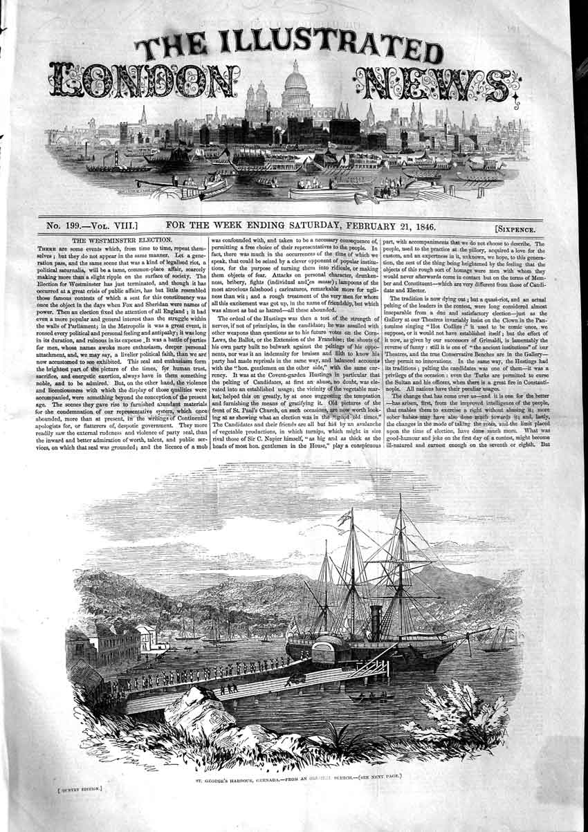 Original Old Antique Print 1846 St. George'S Harbour Grenada Ship Victorian